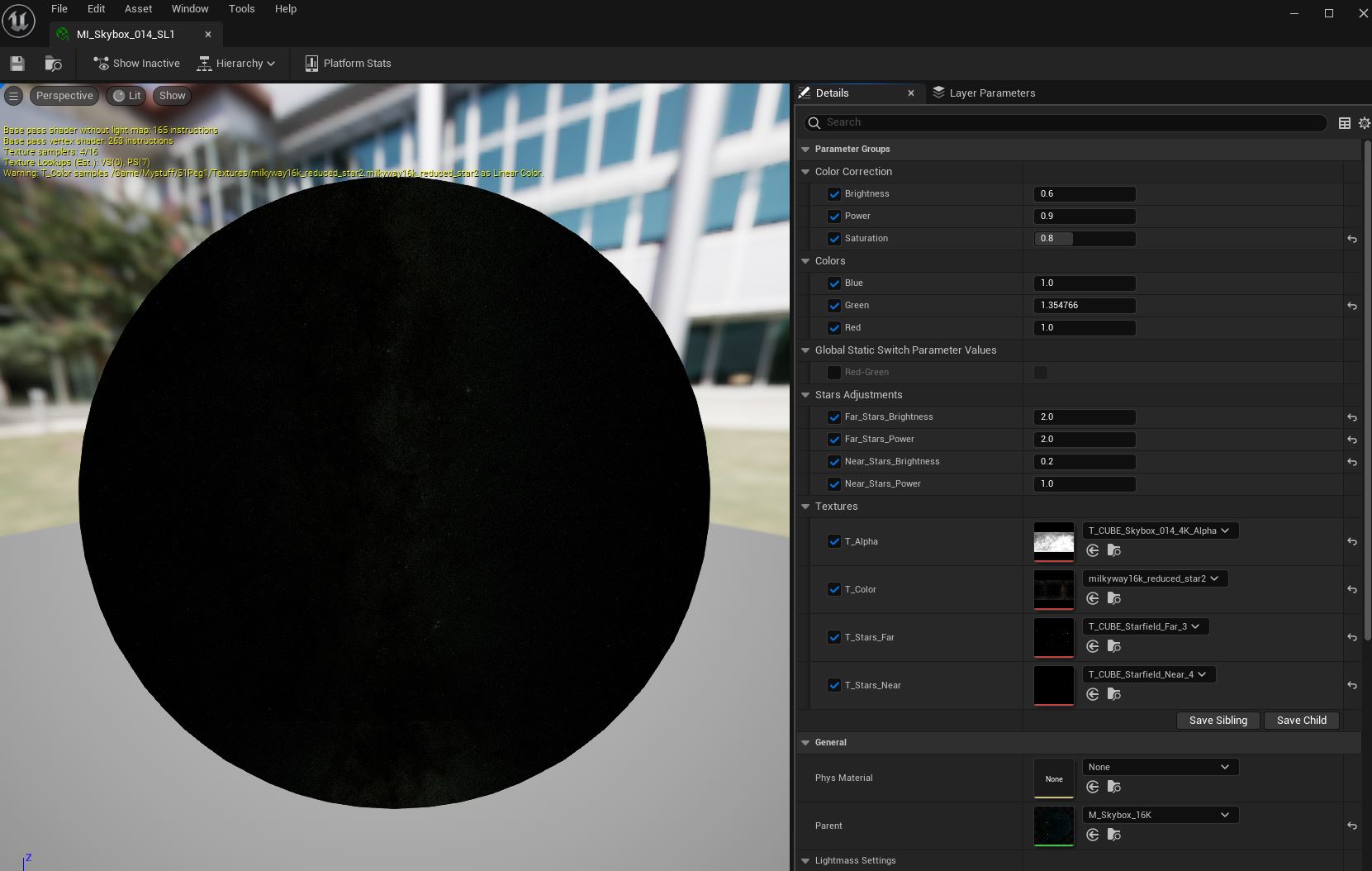 Unreal Engine MI_Skybox_014_SL1 Sky Dome material instance.