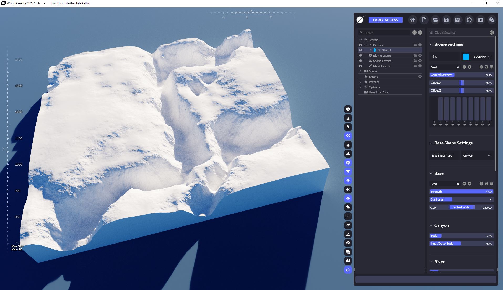 Initial design of the canyon landscape with World Creator.