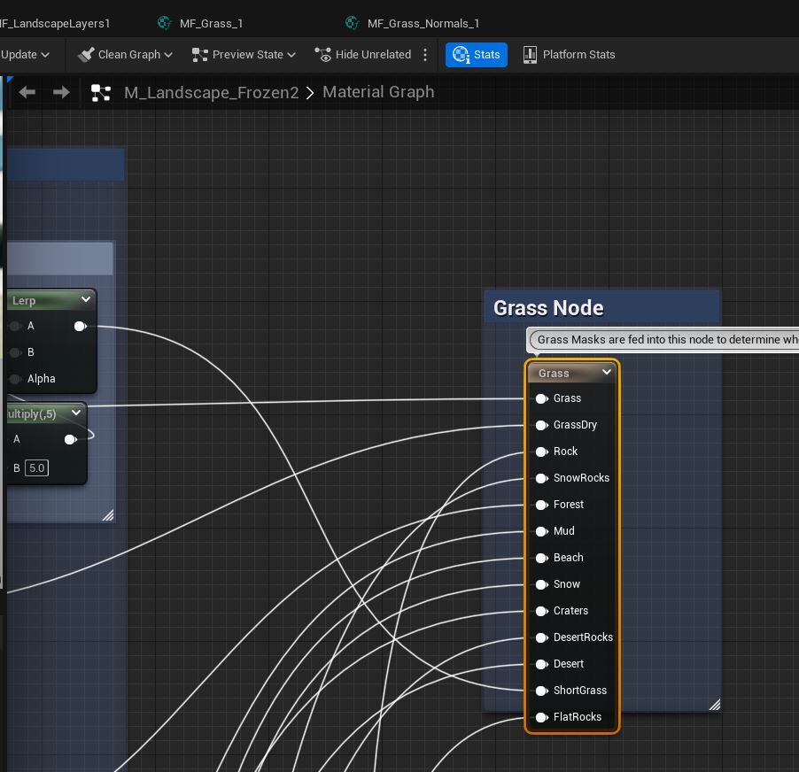 The Grass Node in M_Landscape_Frozen2 for controlling meshes and foliage.