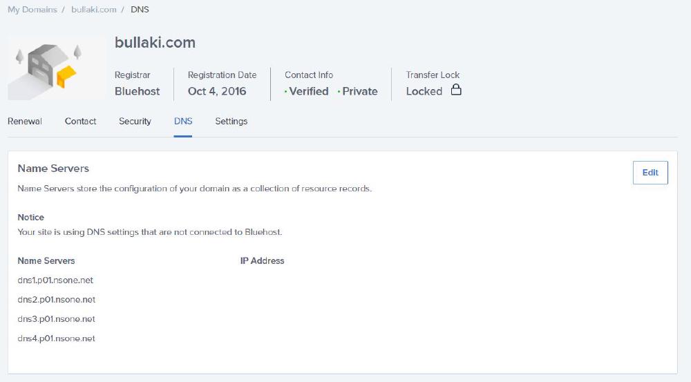 Bluehost name servers screenshot